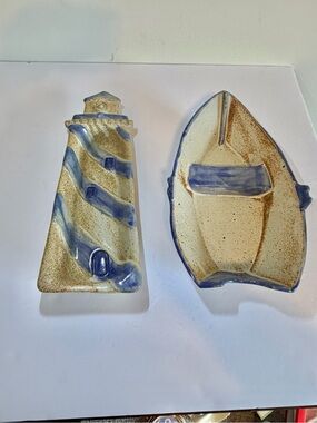 Vintage Studio Pottery Nautical Serving Trays Lighthouse & Sailboat 13.5”